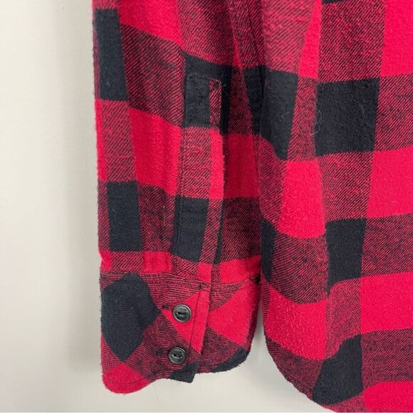 Aritzia TNA Brewster Boyfriend Hooded Buffalo Plaid Flannel Shirt Shaket M Red - Picture 8 of 16